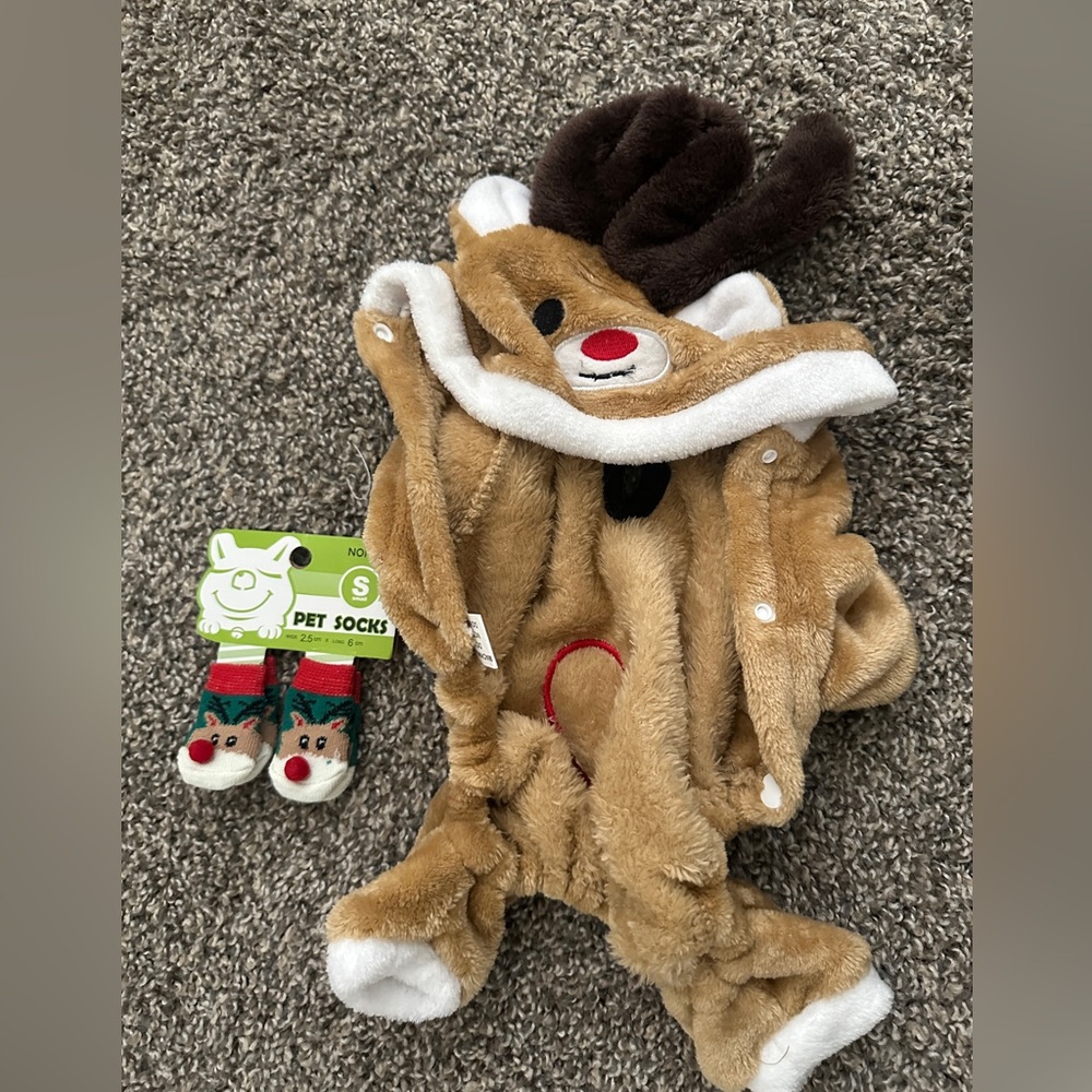 Reindeer Costume and Socks Set Pups